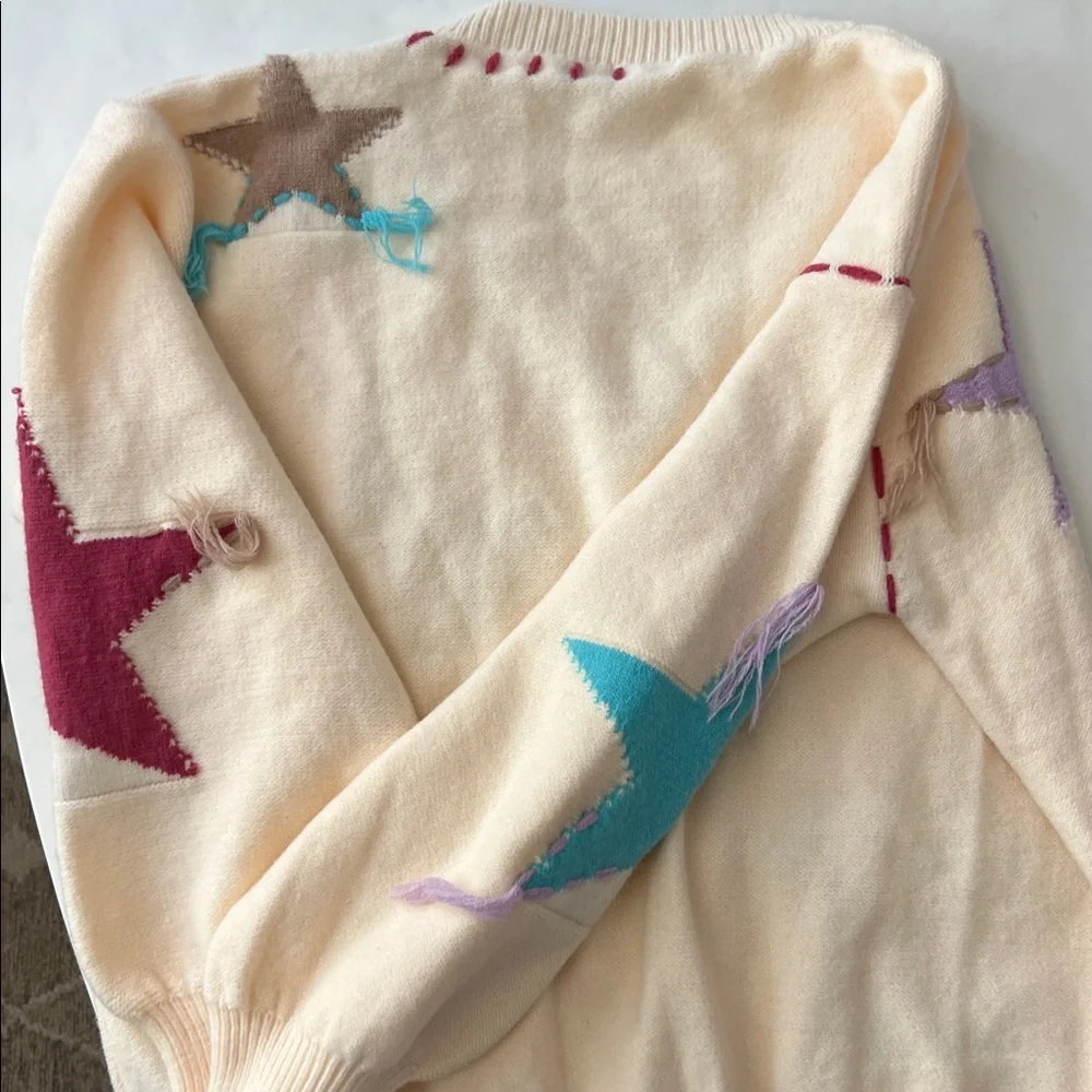 POL Patchwork Star Sweater - Beige V Neck Thick Knit Size Medium - Picture 8 of 12